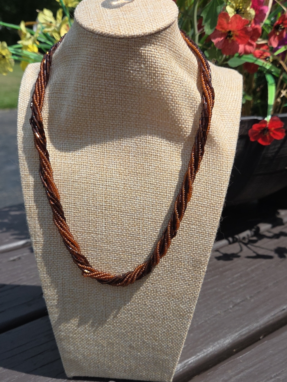 Vintage Twisted Amber & Brown Glass Bead Necklace - Brown Twist ☆ Gorgeous Piece